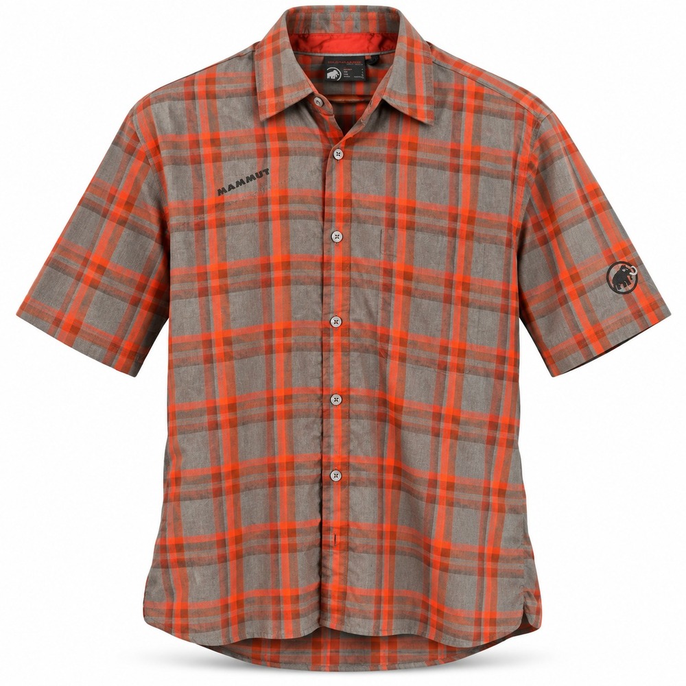 Mammut Plaid Hiking Shirt Mens Large Orange Grey Button Up Short Sleeve